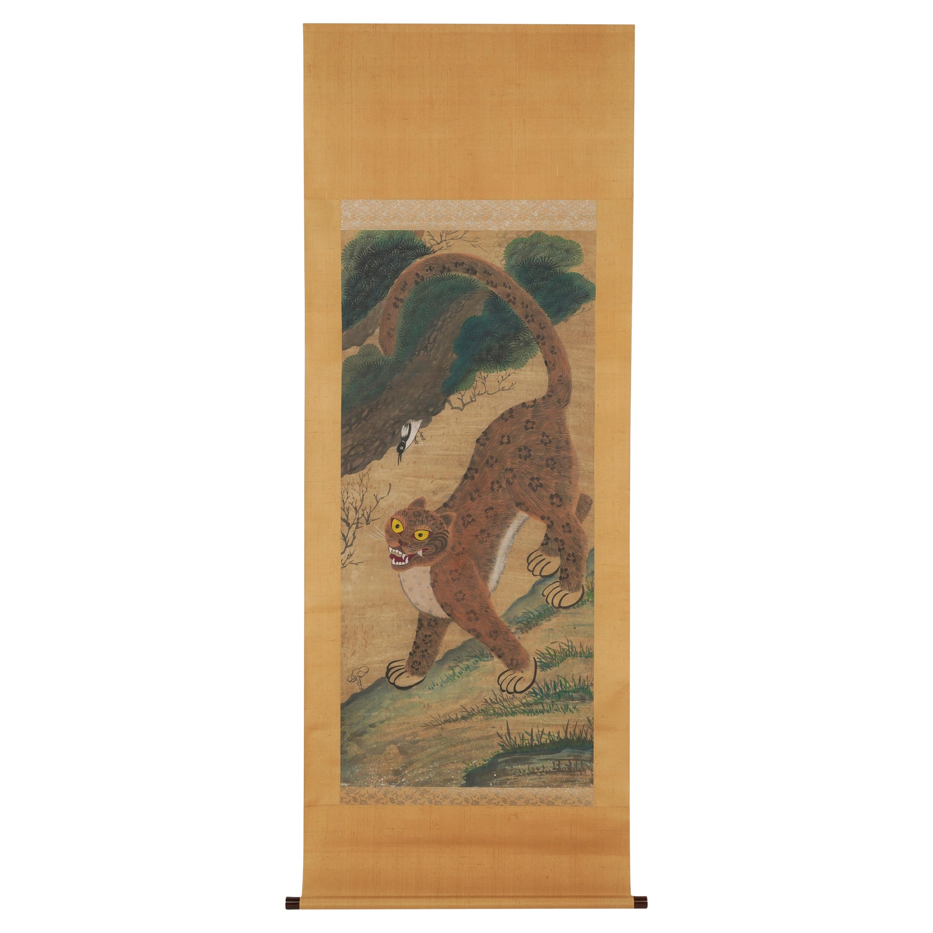 Korean Minhwa Jakhodo Tiger and Magpie Scroll Painting on Silk, 19th Century For Sale