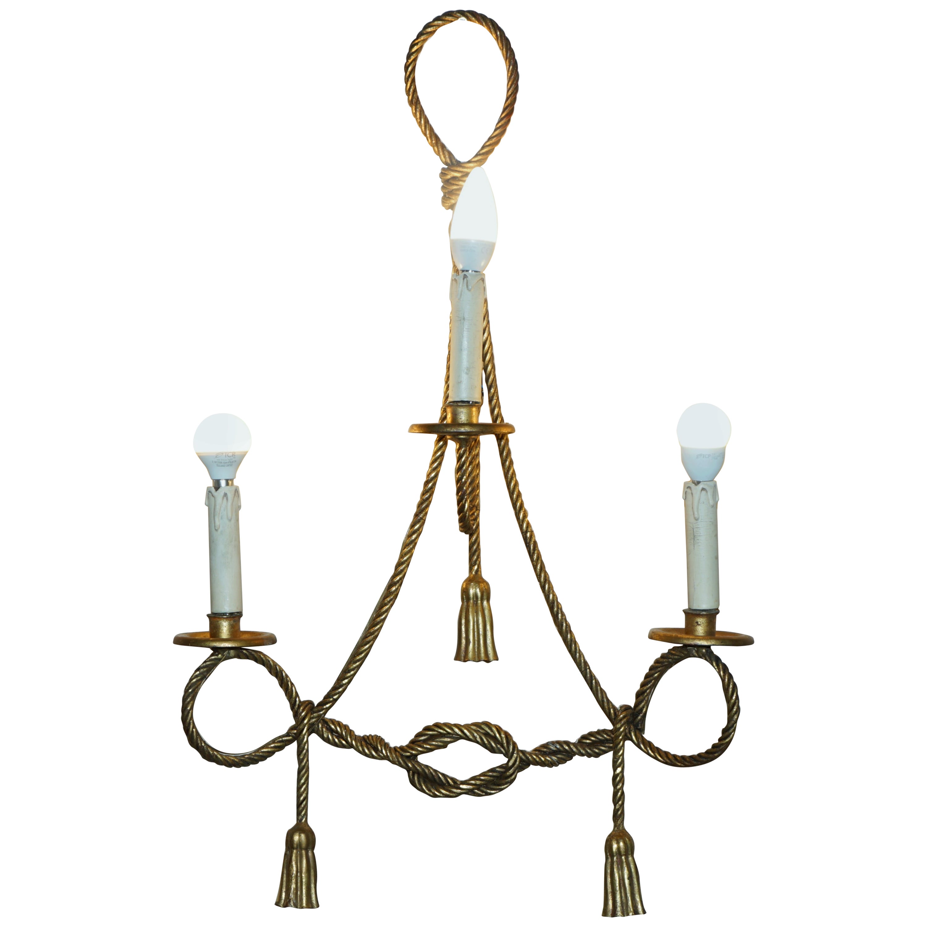 Vintage Gold Gilt Rope Twist & Tassle Three Branch Wall Light with Candle Mounts For Sale