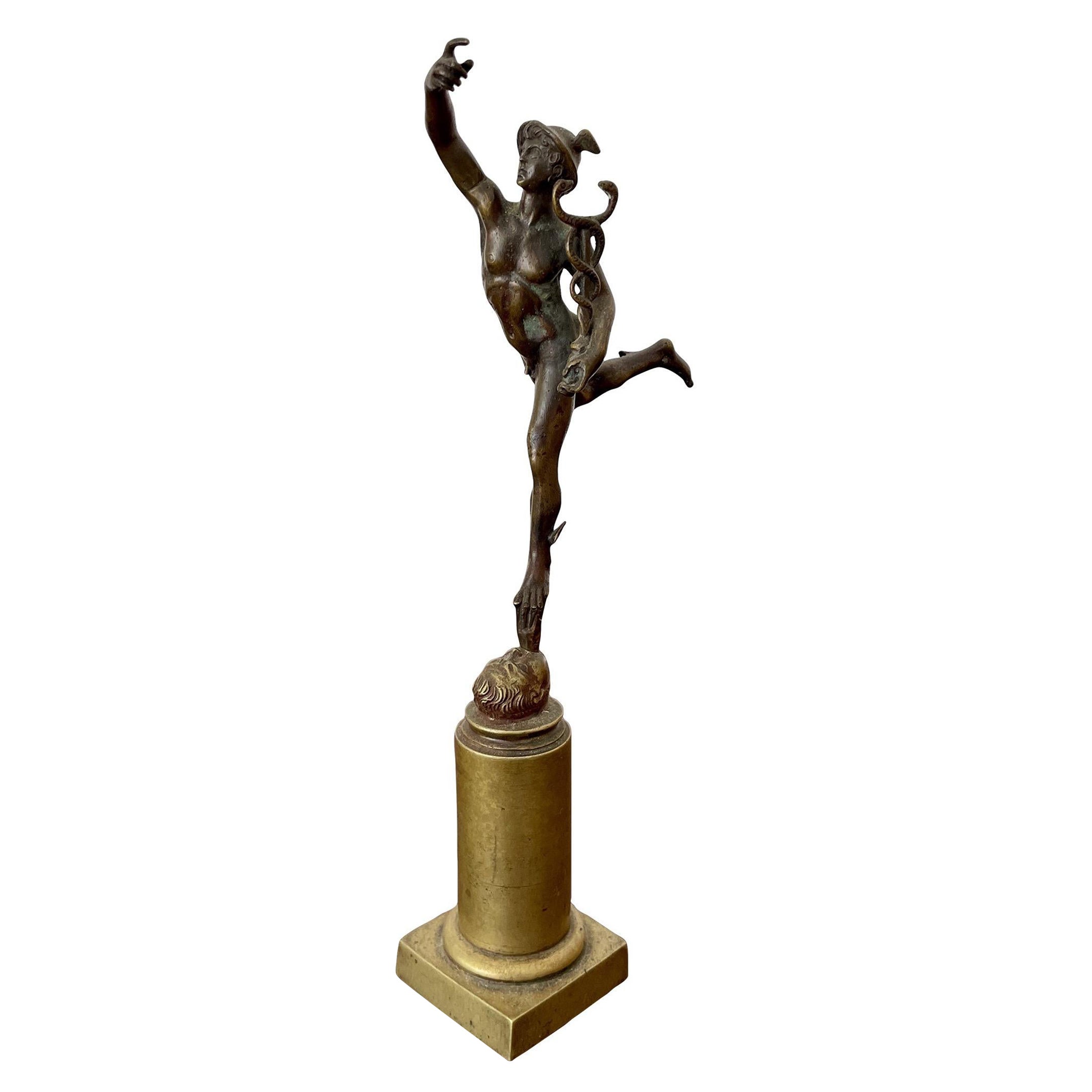 Early 20th Century Miniature Bronze Statue of Hermes with Staff For Sale