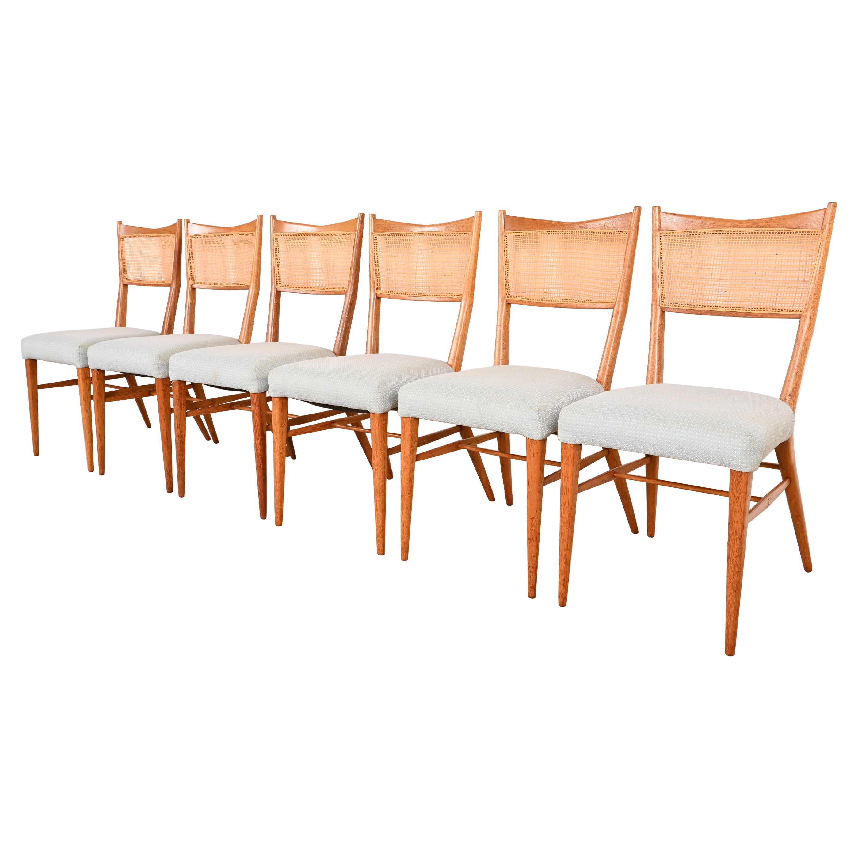 Paul McCobb for Directional Sculpted Mahogany and Cane Dining Chairs, Set of Six