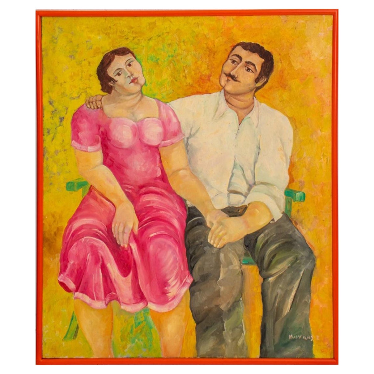 Caucasian School Man and Woman Oil on Canvas For Sale
