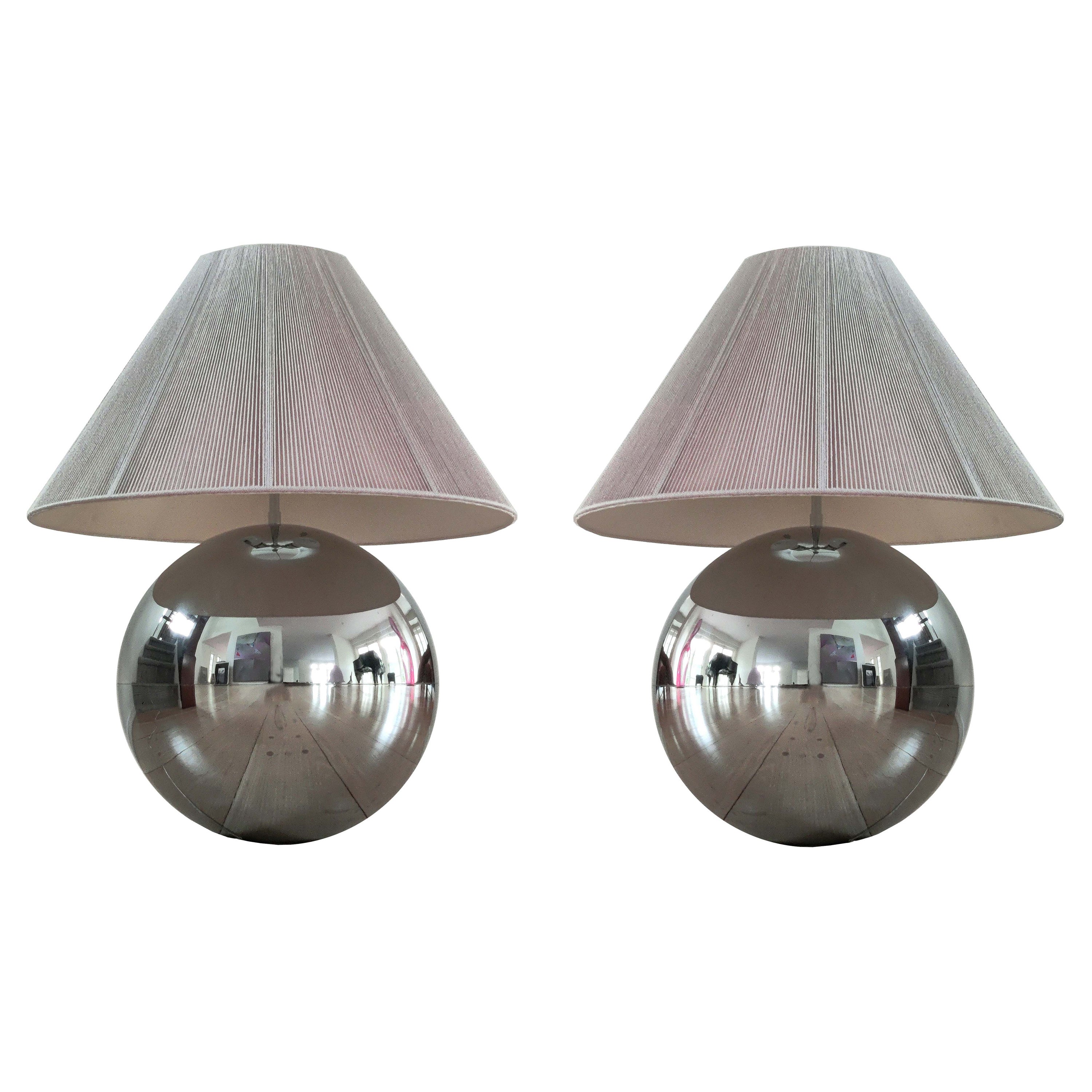 Pair of Karl Springer Chrome and Original Purple String Shade Ball Lamps, 1980s For Sale
