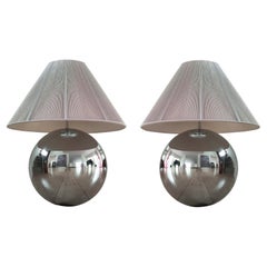 Pair of Karl Springer Chrome and Original Purple String Shade Ball Lamps, 1980s