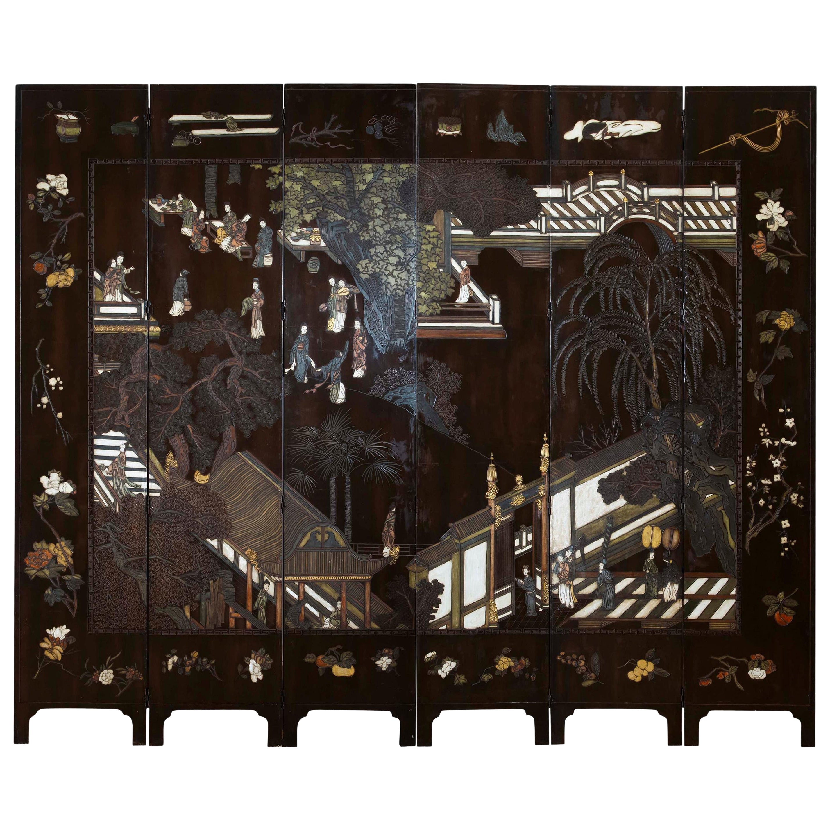 Large Antique Coromandel or Kuancai Lacquer Screen For Sale