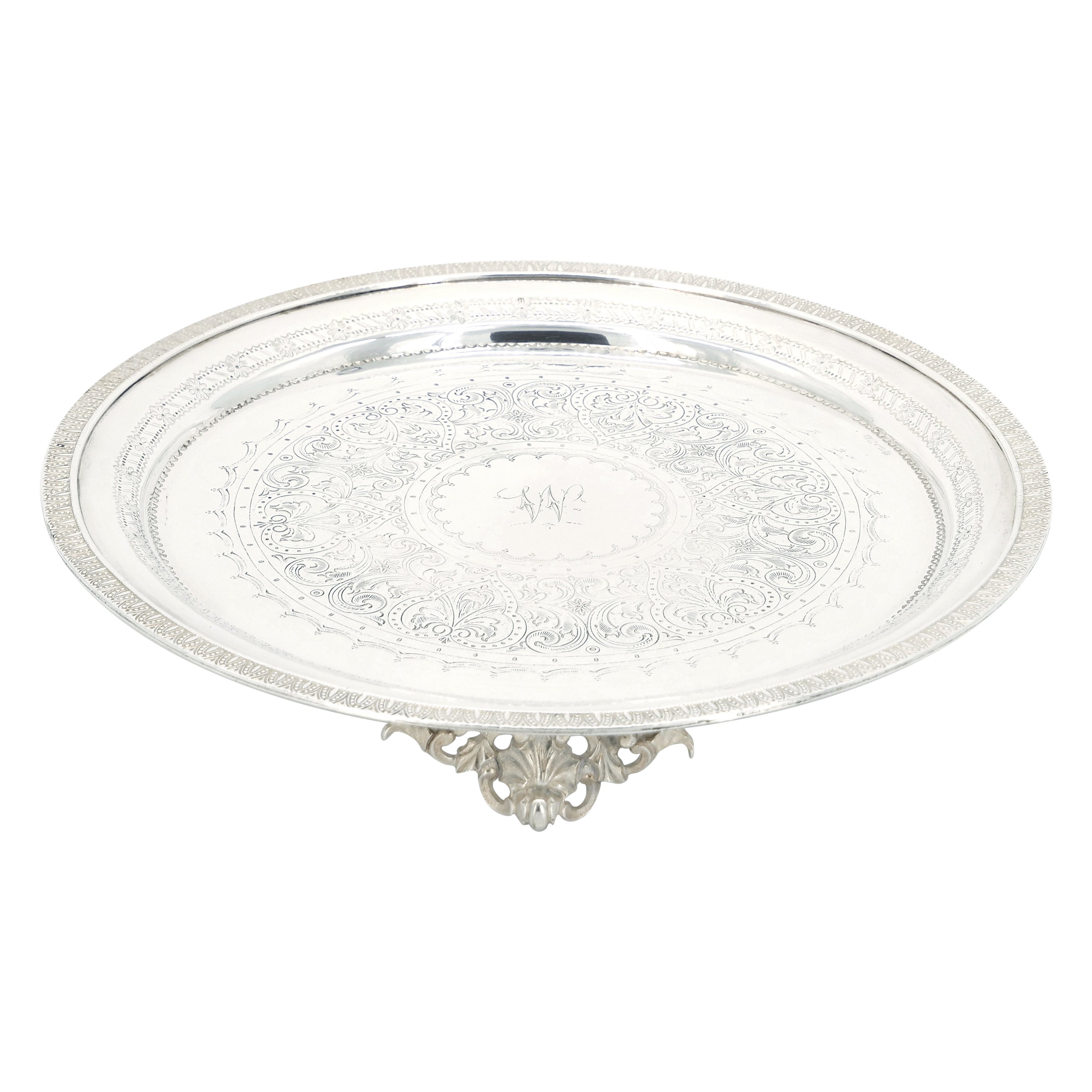 Bandeja circular inglesa victoriana de plata del siglo XIX
