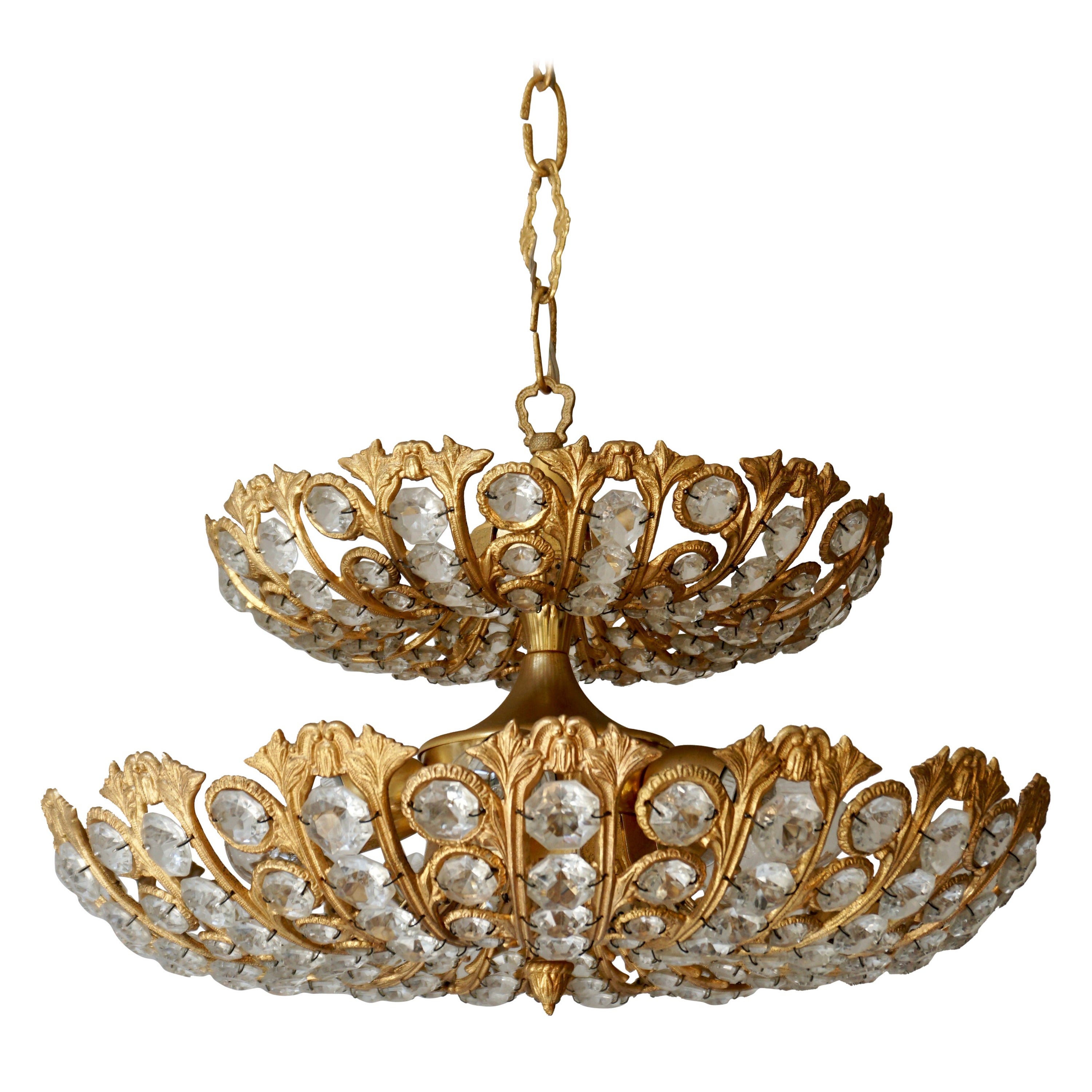 Spanish Brass and Crystal Chandelier by Ernest Palm for Palwa, 1970s For Sale