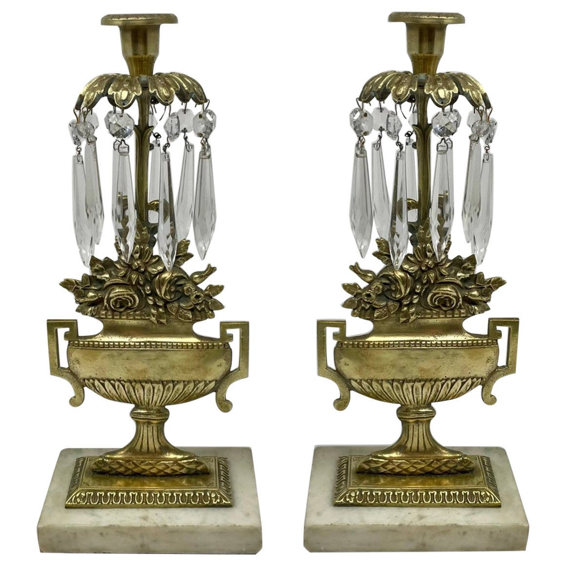 Pair of Antique American Brass and Crystal Candle Holders circa 1900 For Sale