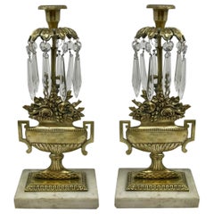 Pair of Antique American Brass and Crystal Candle Holders circa 1900