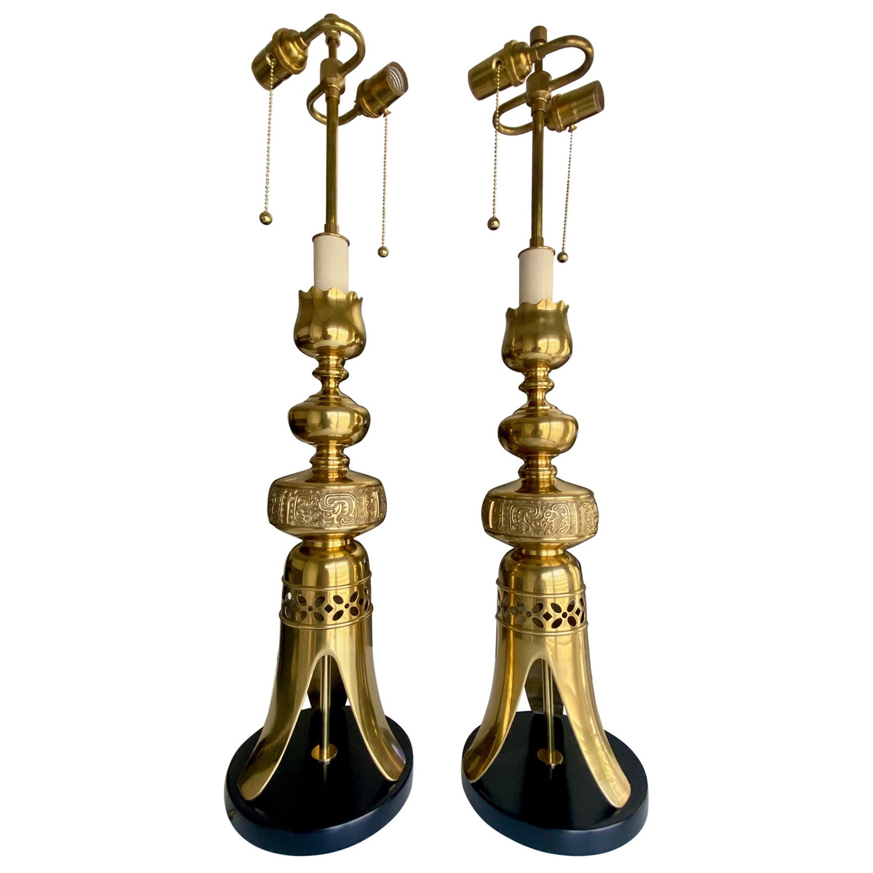 Pair Brass James Mont Japanese Candlestick Lamps