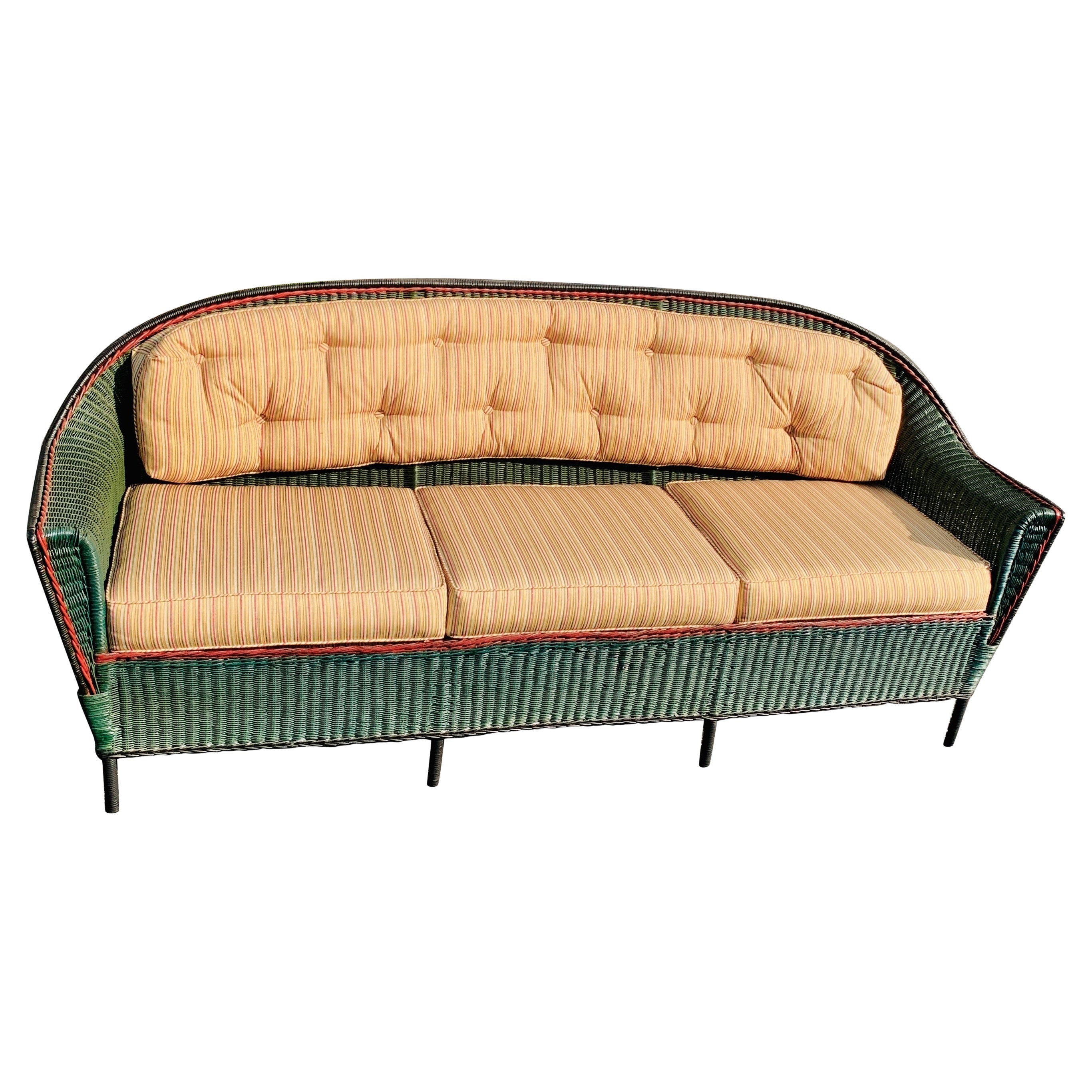 Exceptional Oversized Close Woven Antique Wicker Three Seat Sofa For Sale