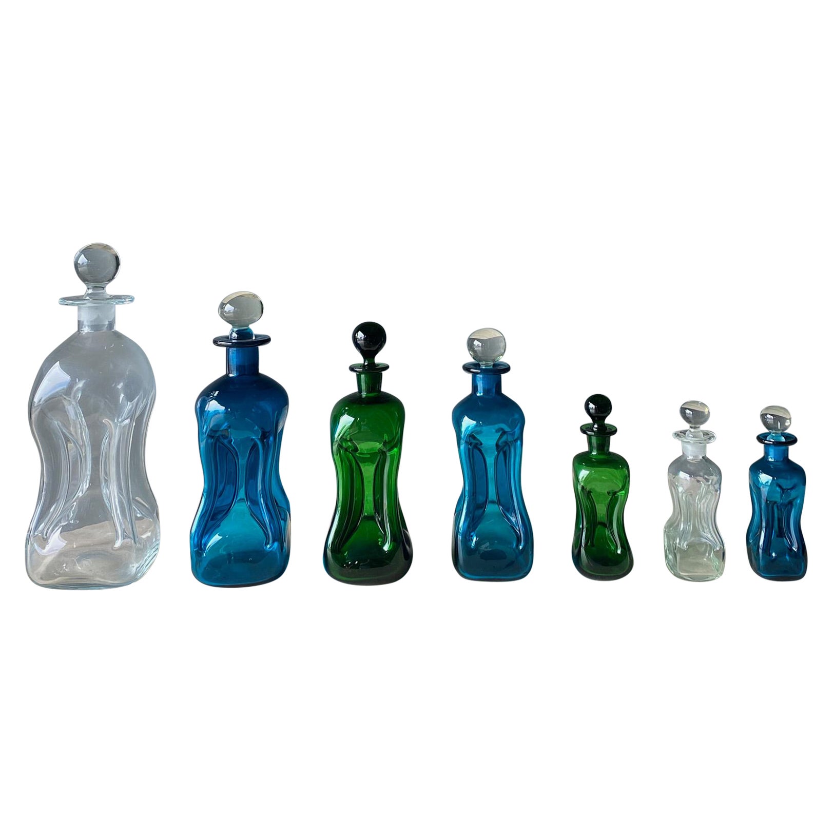 Set of Seven Art Glass Decanters by Holmegaard, Denmark, 1960s For Sale
