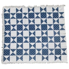 Antique 19Thc Blue & White Eight Point Star Quilt W/ Fringe