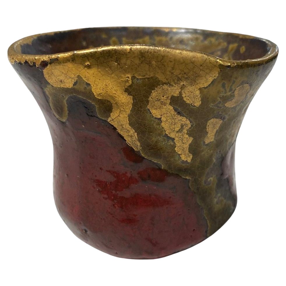 Japanese Asian Signed Studio Pottery Wabi-Sabi Red & Gold Glazed Yunomi Teacup