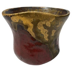 Used Japanese Asian Signed Studio Pottery Wabi-Sabi Red & Gold Glazed Yunomi Teacup