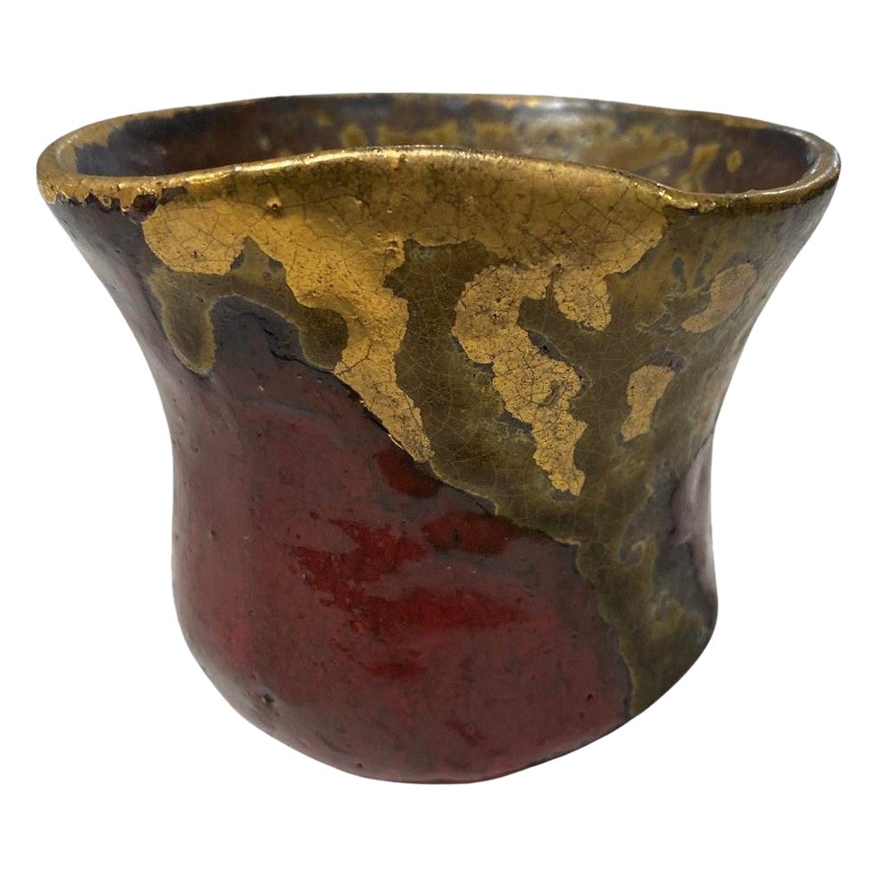 Studio Pottery giapponese asiatico firmato Wabi-Sabi rosso e oro smaltato Yunomi Teacup