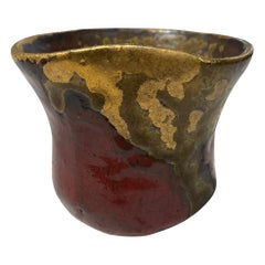 Japanese Asian Signed Studio Pottery Wabi-Sabi Red & Gold Glazed Yunomi Teacup