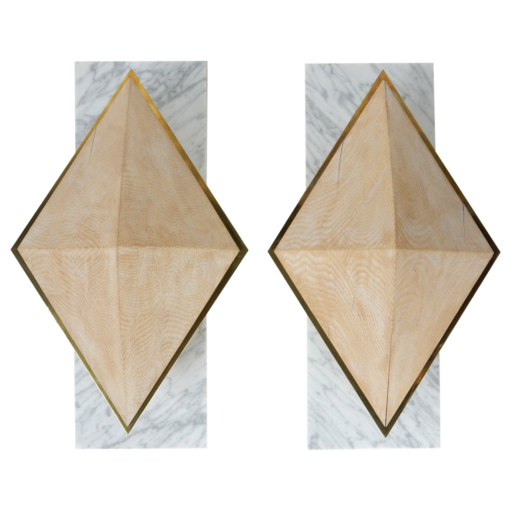 Large Custom Diamond Wall Sconces Brass, Carrara Marble and Wood For Sale