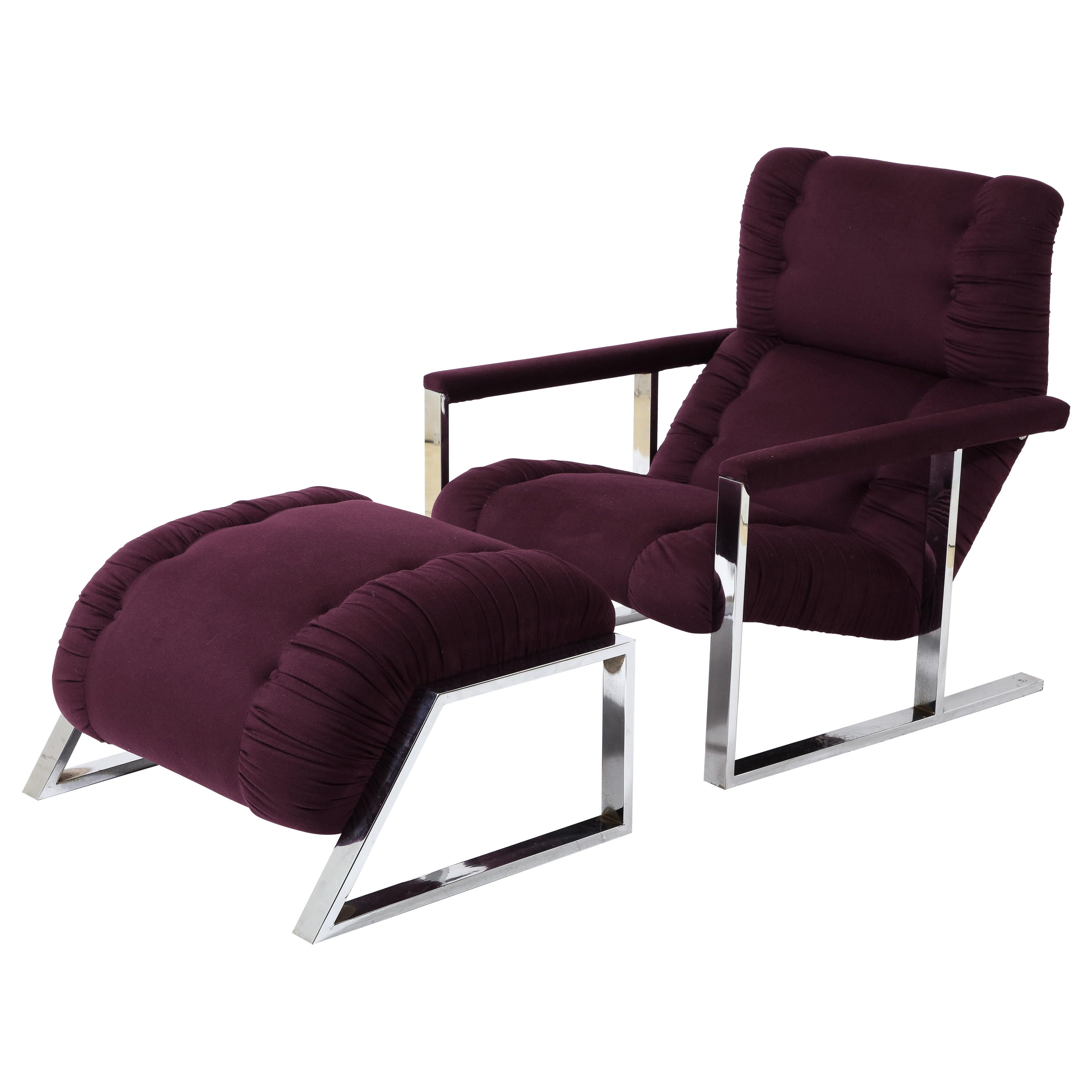 Modernist Angular Chrome Lounge Chair & Ottoman in Aubergine Wool, USA 1970's