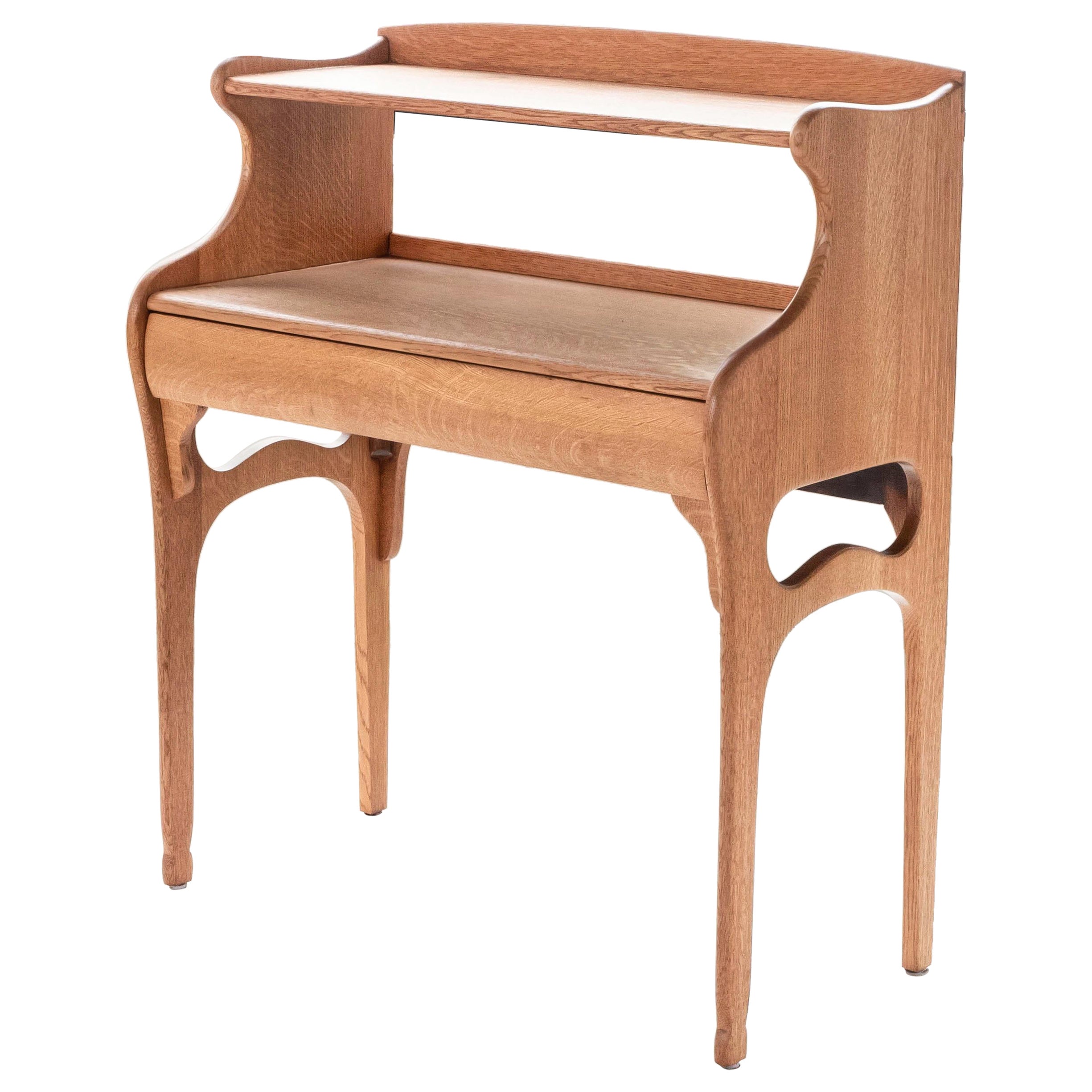 Art Deco Solid Oak Single Drawer Sculpted Curves Two-Tier Desk / Console For Sale