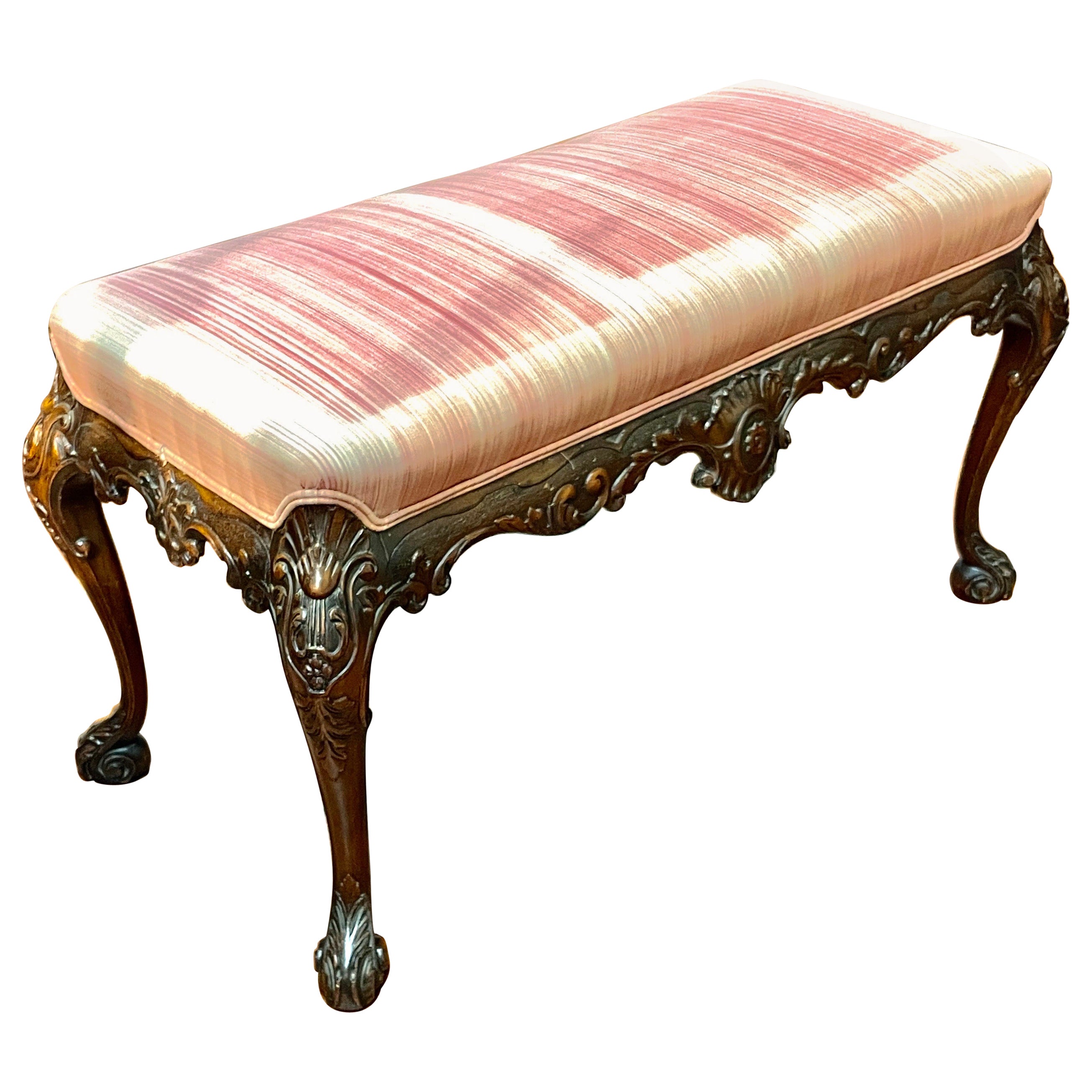 Superb Antique English Geo. Style Carved Mahogany Bedside or Fireside Bench For Sale