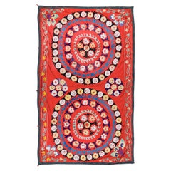 4.9x7.8 ft Vintage Hand Embroidered Red Wall Hanging, Suzani Cotton Bedspread