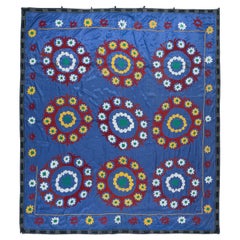 6.9x7.6 ft Cotton Suzani Bedspread, Embroidered Wall Hanging, Vintage Blue Throw