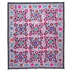 Retro 6x6.9 ft Mid-Century Embroidered Wall Hanging, Bedspread. Cotton Pink Tablecloth