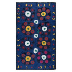 4.7x7.7 ft Vintage Embroidered Cotton Bed Cover. Navy Blue Suzani Wall Hanging