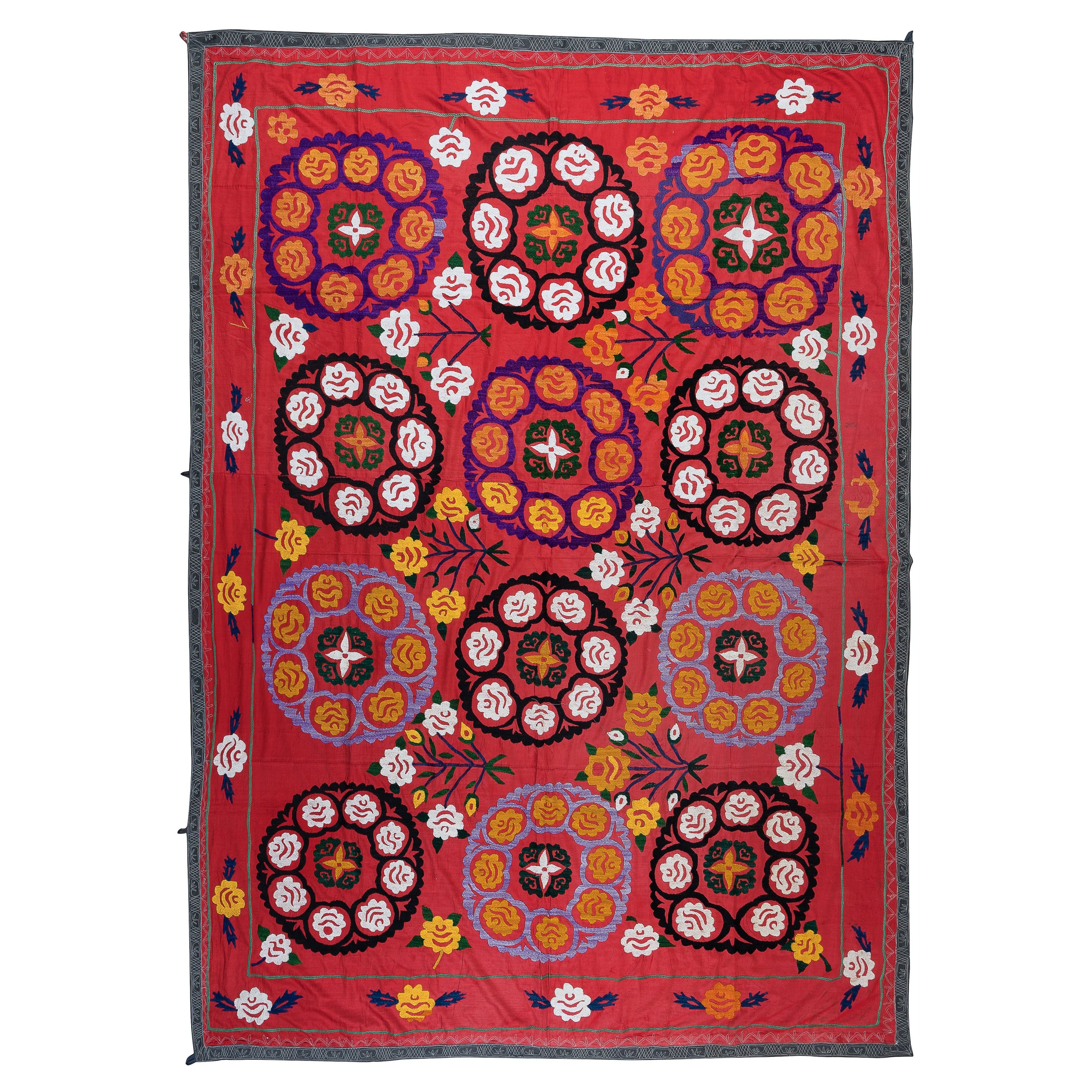 Suzani Cotton Bed Cover in Red, Vintage Embroidered Wall Hanging For
