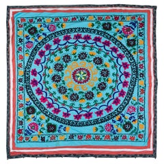 Suzani Retro Wall Hanging, Hand Embroidered Cotton Bed Cover in Blue