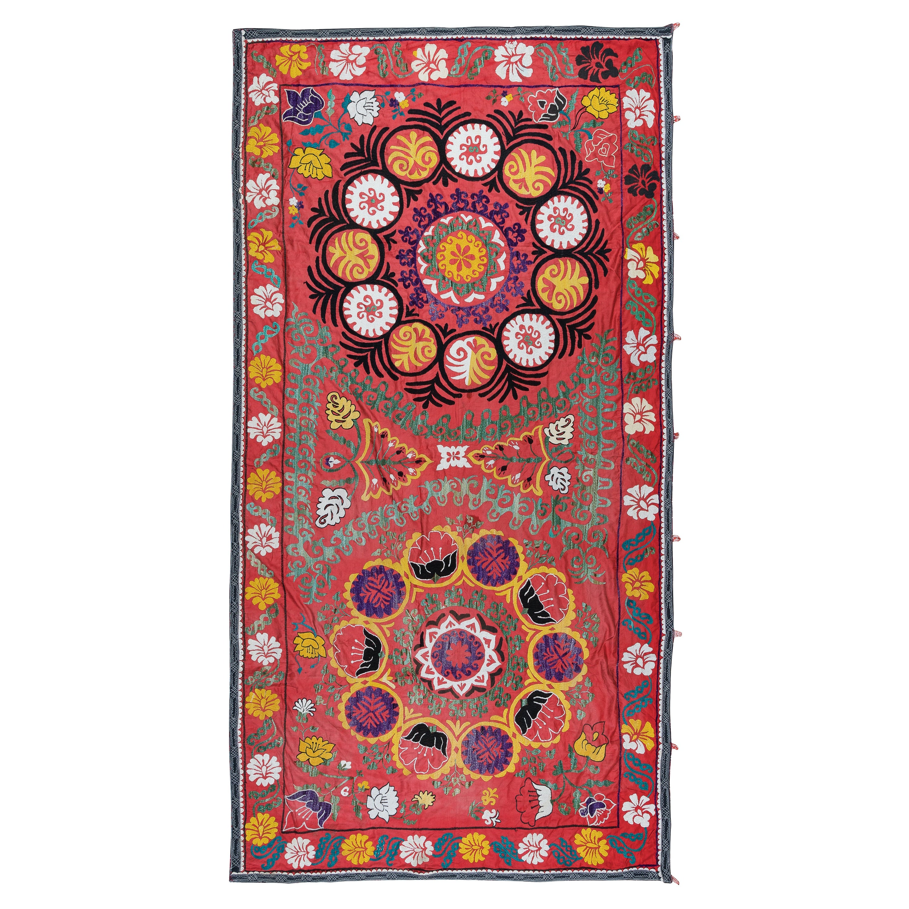 Suzani Wall Hanging, Embroidered Table Runner in Red, Cotton Bedspread For Sale at 1stDibs