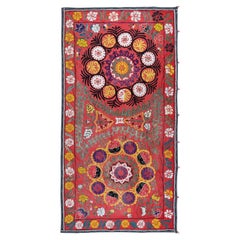 Suzani Wall Hanging, Embroidered Table Runner in Red, Cotton Bedspread
