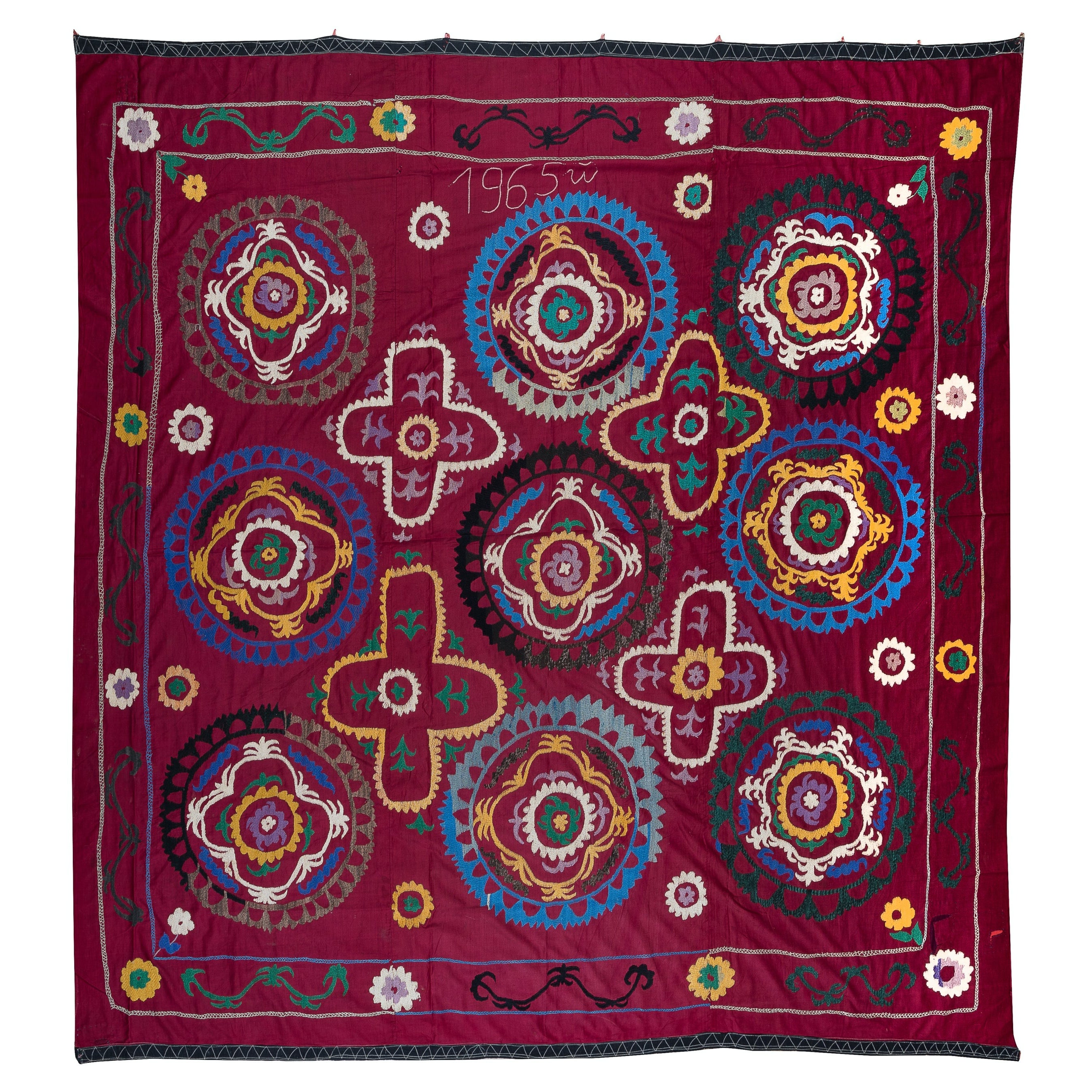 Vintage Hand Embroidered Wall Hanging, Suzani Cotton Throw in Maroon For Sale at 1stDibs