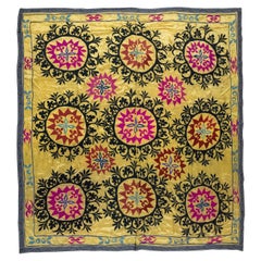Vintage Wall Hanging in Yellow, Embroidered Suzani Cotton Bed Cover