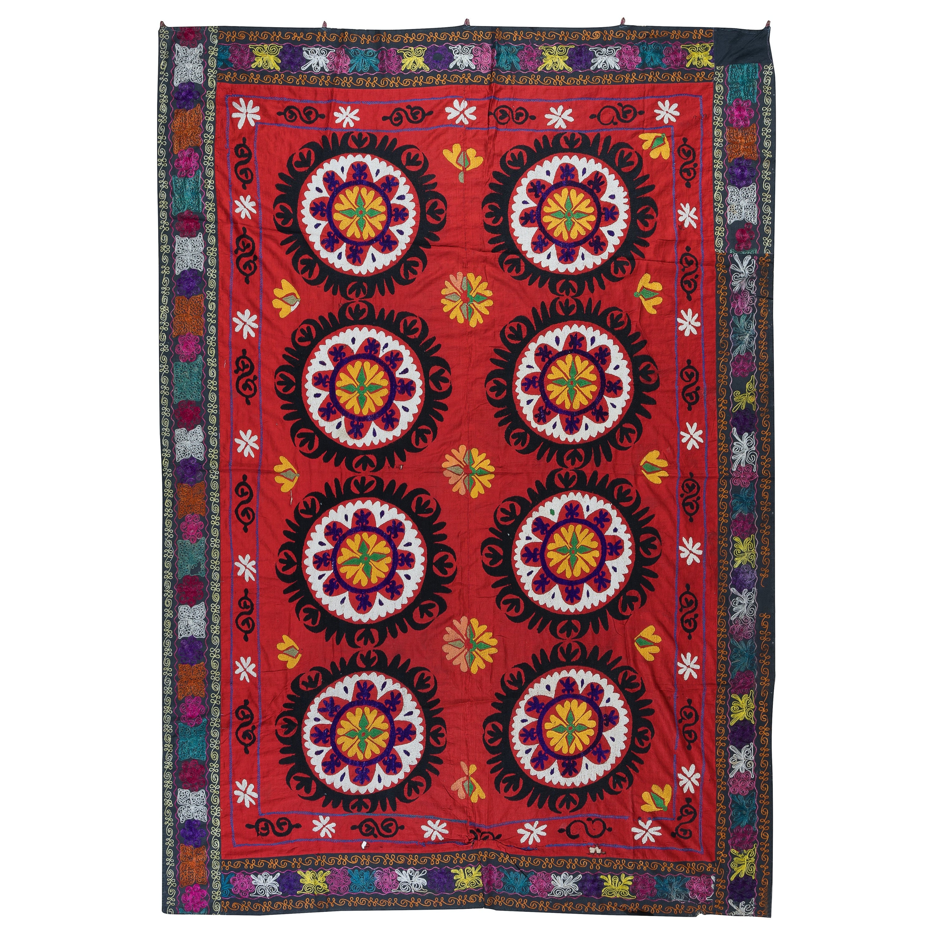 Suzani Wall Hanging in Red, Vintage Embroidered Cotton Bedspread For Sale at 1stDibs