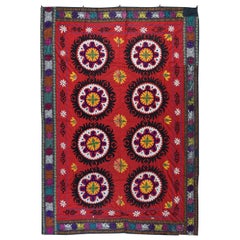Suzani Wall Hanging in Red, Vintage Embroidered Cotton Bedspread