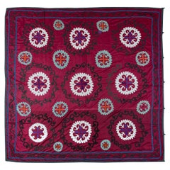Vintage Square Suzani Wall Hanging in Maroon, 1970s Embroidered Cotton Bed Cover
