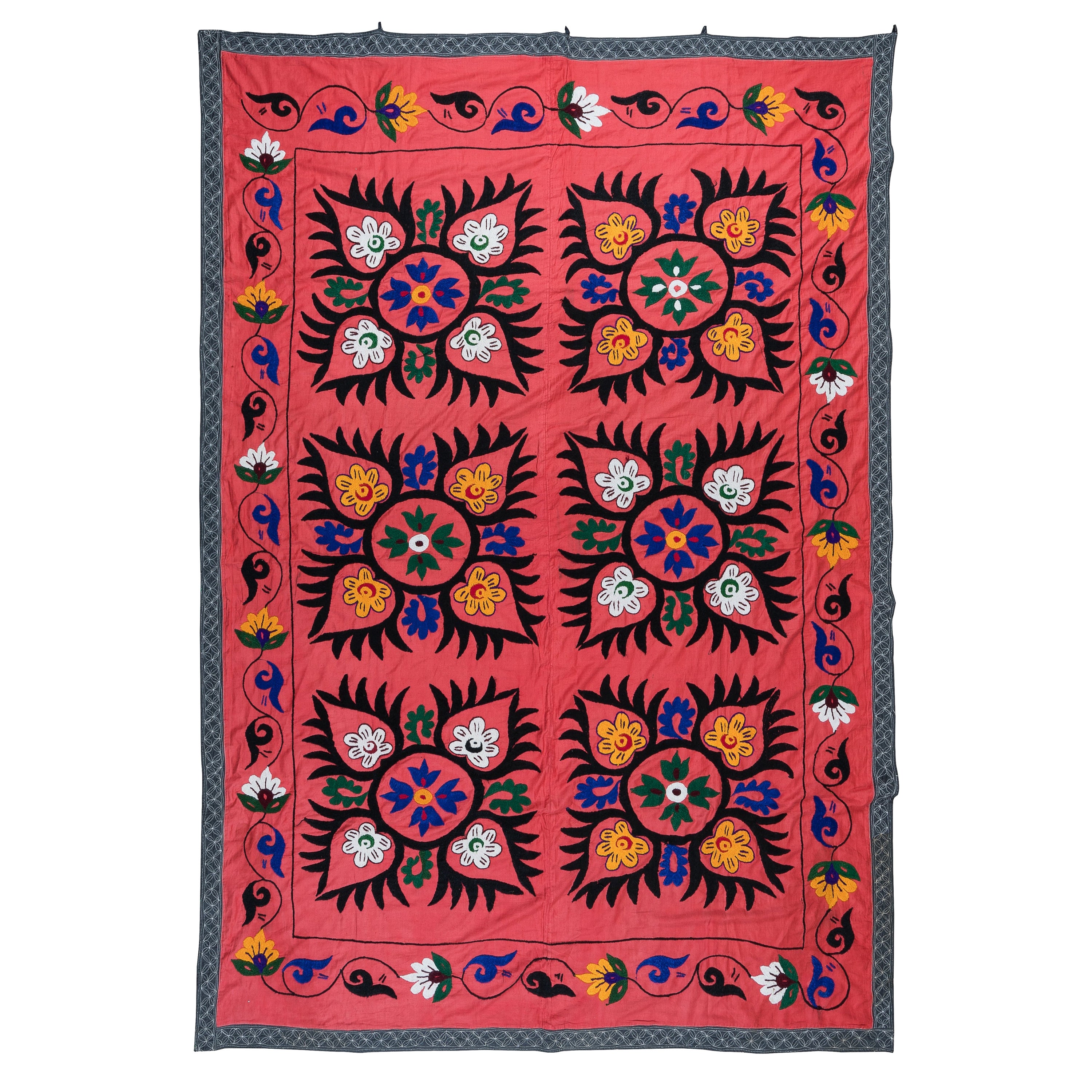 Embroidered Wall Hanging, Suzani Tablecloth, Vintage Bedspread in Red For Sale at 1stDibs