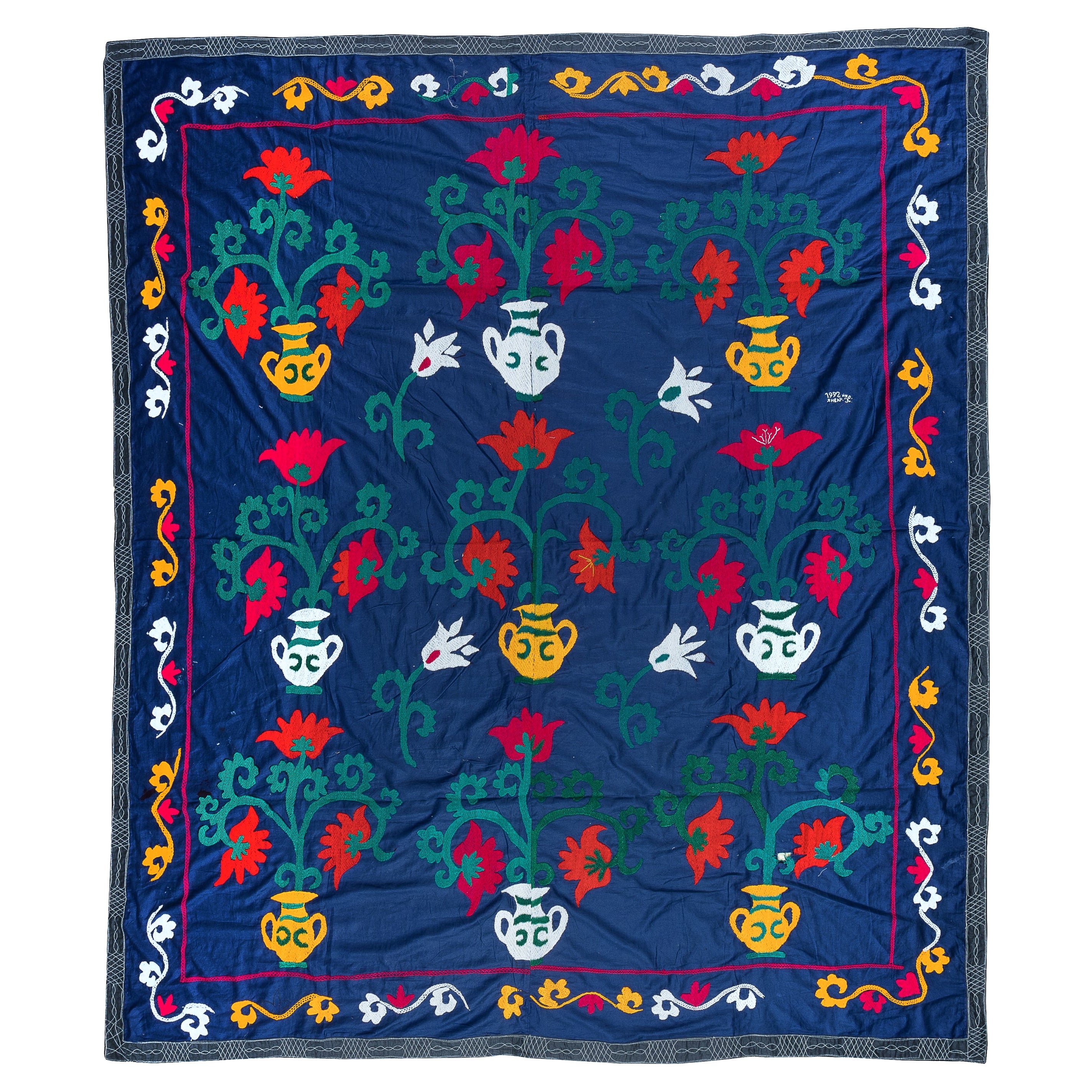 Suzani Wall Hanging, Embroidered Blanket, OneofaKind Blue Bedspread