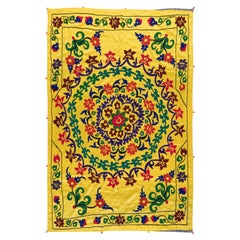 Vintage Wall Hanging, Embroidered Suzani Cotton Bed Cover in Yellow