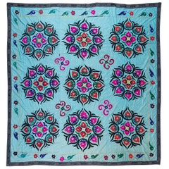 Square Cotton Suzani Bedspread in Blue, Hand Embroidered Wall Hanging
