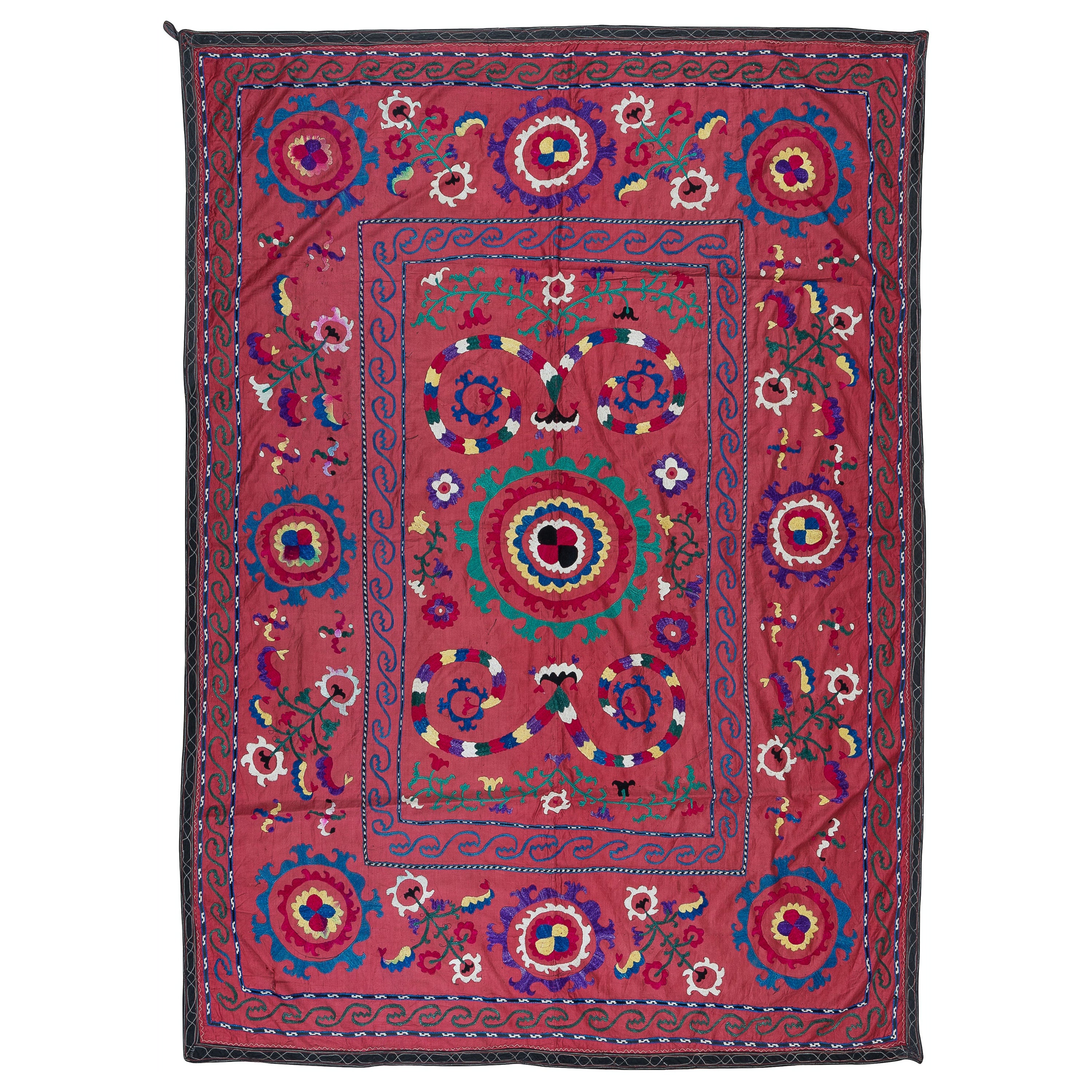 4.9x8.8 ft Vintage Suzani Fabric Wall Hanging, Hand Embroidered Cotton