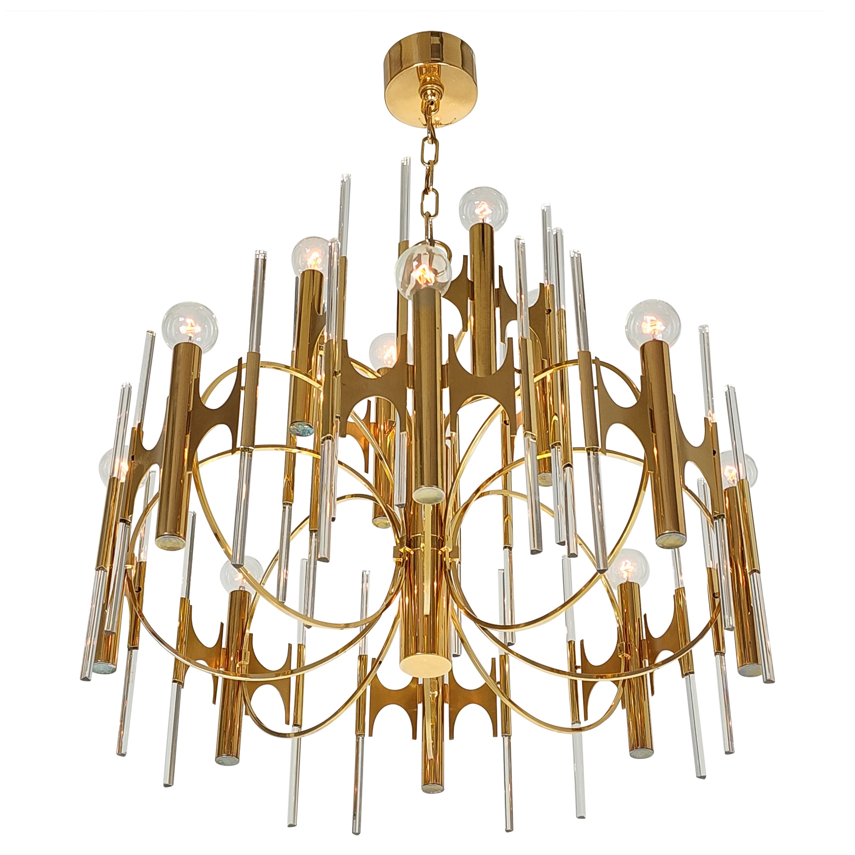 1970s Sciolari 12 Lights Brass Chandelier with Glass Rod, Italy For Sale