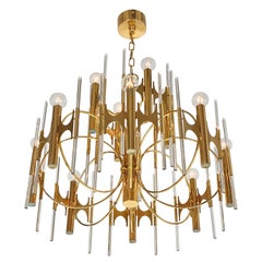 Retro 1970s Sciolari 12 Lights Brass Chandelier with Glass Rod, Italy