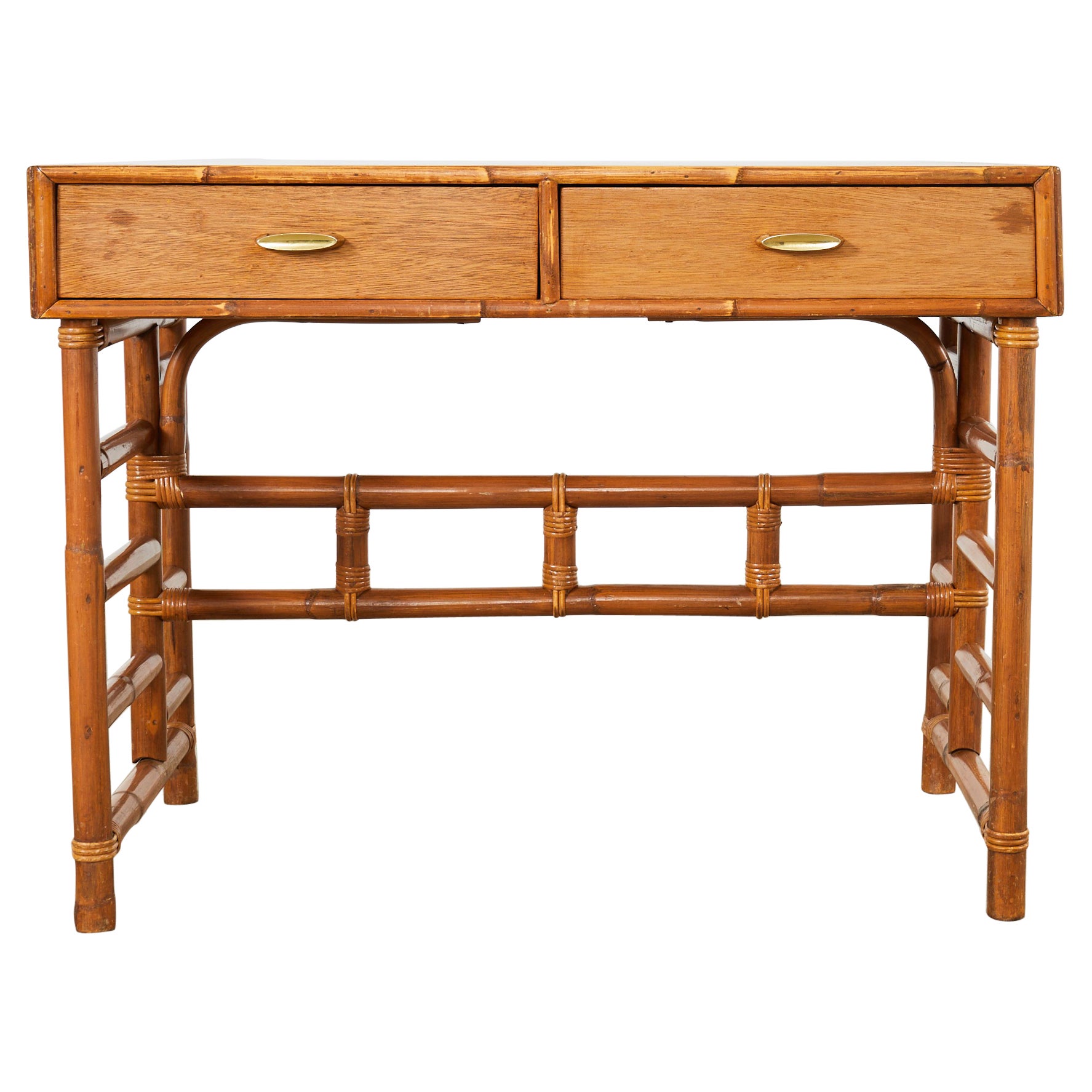 Midcentury Organic Modern Rattan Oak Writing Table Desk For Sale at 1stDibs