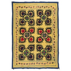 Embroidered Suzani Yellow Wall Hanging, Unique Vintage Cotton Bedspread