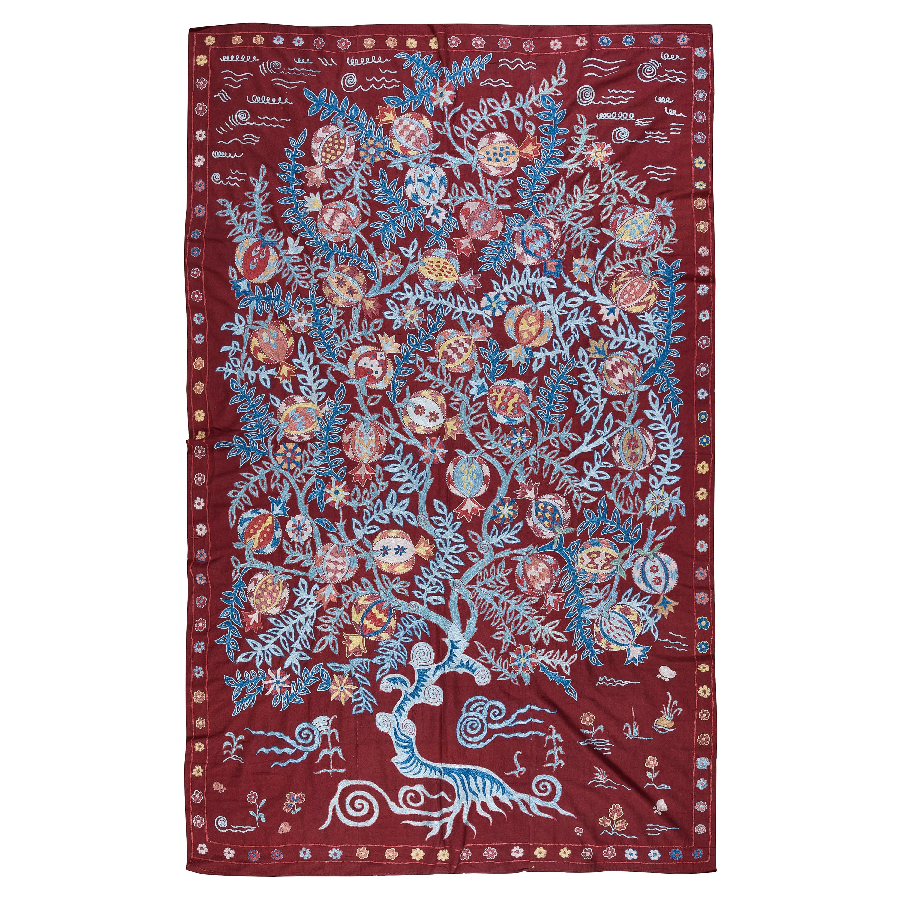Silk Embroidery Wall Hanging in Maroon, Pomegranate Tree Design Throw For Sale at 1stDibs