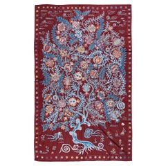 Silk Embroidery Wall Hanging in Maroon, Pomegranate Tree Design Throw