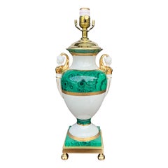 Midcentury Neo-Classical Style Faux Malachite Porcelain & Brass Table Lamp