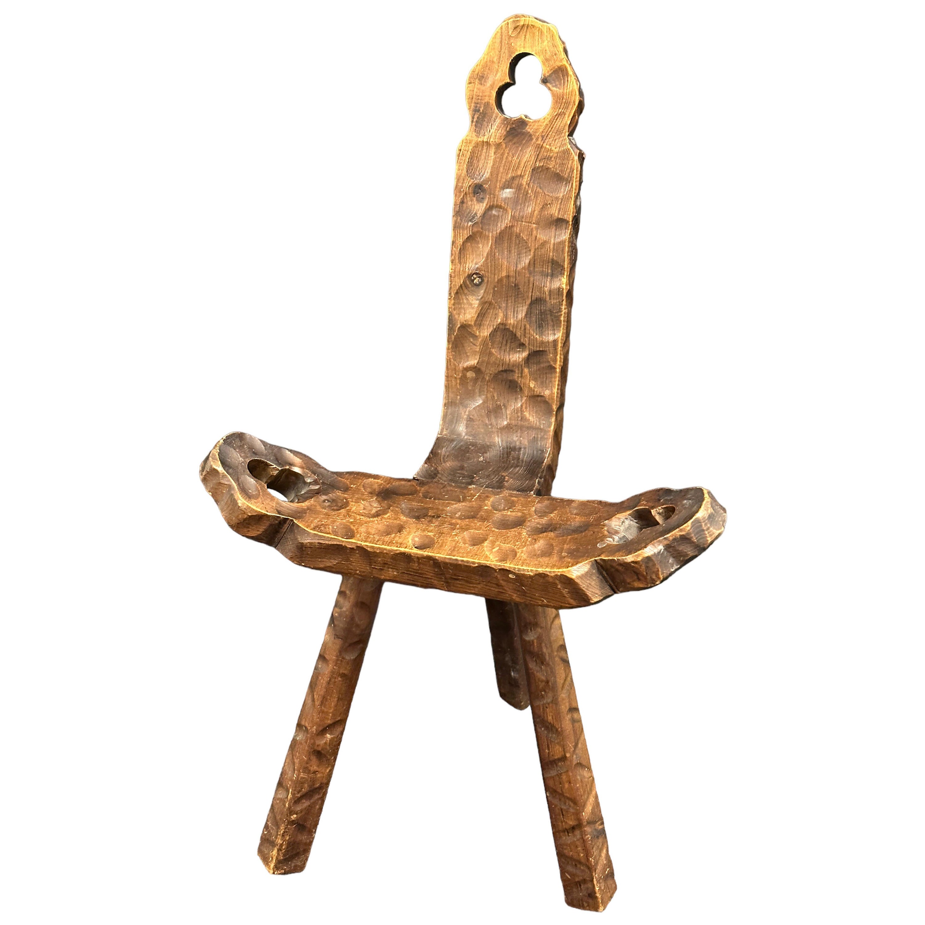 Mid-Century Modern Brutalist Sculptural Wood Tripod Chair, Spain Vintage 1970s For Sale